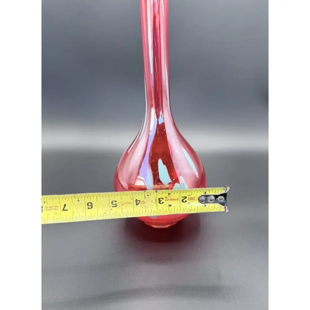 Vintage Red Swung Glass Bud Vase Applied Blue Dots MCM Art Glass 12”